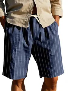 Linen Striped Shorts for Summer, Comfortable Beachwear with Cotton Blend, Casual Fitted Shorts for Relaxed Home Style