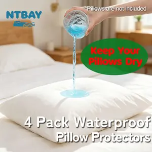 NTBAY 4 Pack Zippered Waterproof Pillow Protectors, Super Soft Quiet Zip Pillow Protectors,Jersey Pure White Waterproof Pillow Cases Covers