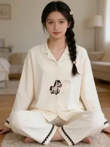 Women's Long Sleeve Sleepwear Set, Style Pure Color Shell Sorona Cotton-Like Home Wear, Comfortable Casual Pajamas for Women