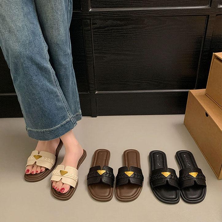 Women's Elegant Gold Triangle Accent Open Toe Mules - Comfortable Flat Sandals for Commuting & Summer Outings