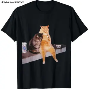 Cat Meme Cat Smoking Cigarette Casual Short Sleeve Cotton T-Shirt