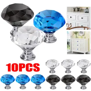 10 Pcs Diamond Glass Knobs 30MM Kitchen Cabinet Dresser Drawers Premium Lead-free Crystal Glass Alloy Base Shiny Stylish Design