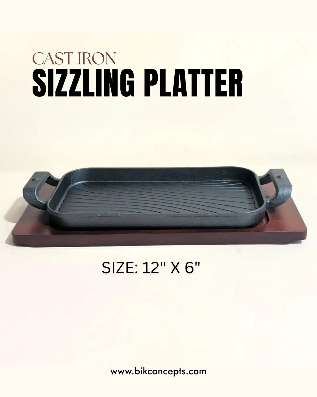 12" Cast Iron Sizzling Platter – Rectangular Steak Plate & Wood Base
