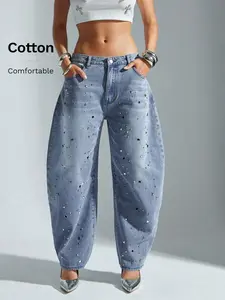 Casual Distressed Denim Jeans With Metal Stud Decor, Curved Blade Leg