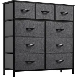 Dresser with 9 Drawers - Fabric Storage Tower, Tall Chest Organizer Unit for Living Room, Entryway with Sturdy Steel Frame, Wooden Top, Black Grey Dresser for Bedroom, Storage Drawers, Fabric Storage Tower with 9 Drawers, Chest of Drawers with Fabric Bins