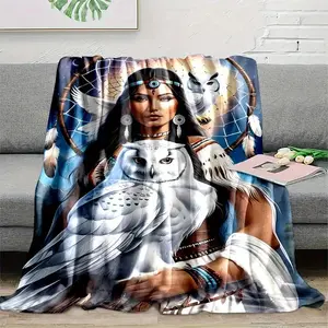 Native American & White Owl Print Flannel Throw Blanket - Soft, Reversible, All-Season Comfort for Couch, Bed, Office, and Travel - Unique Gift Idea, Contemporary Style, Cartoon Theme