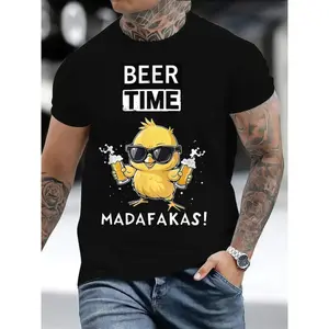 Men's Casual Beer Time Chicken Graphic TShirt Round Neck Short Sleeve Summer Animal Print Chicken Tee