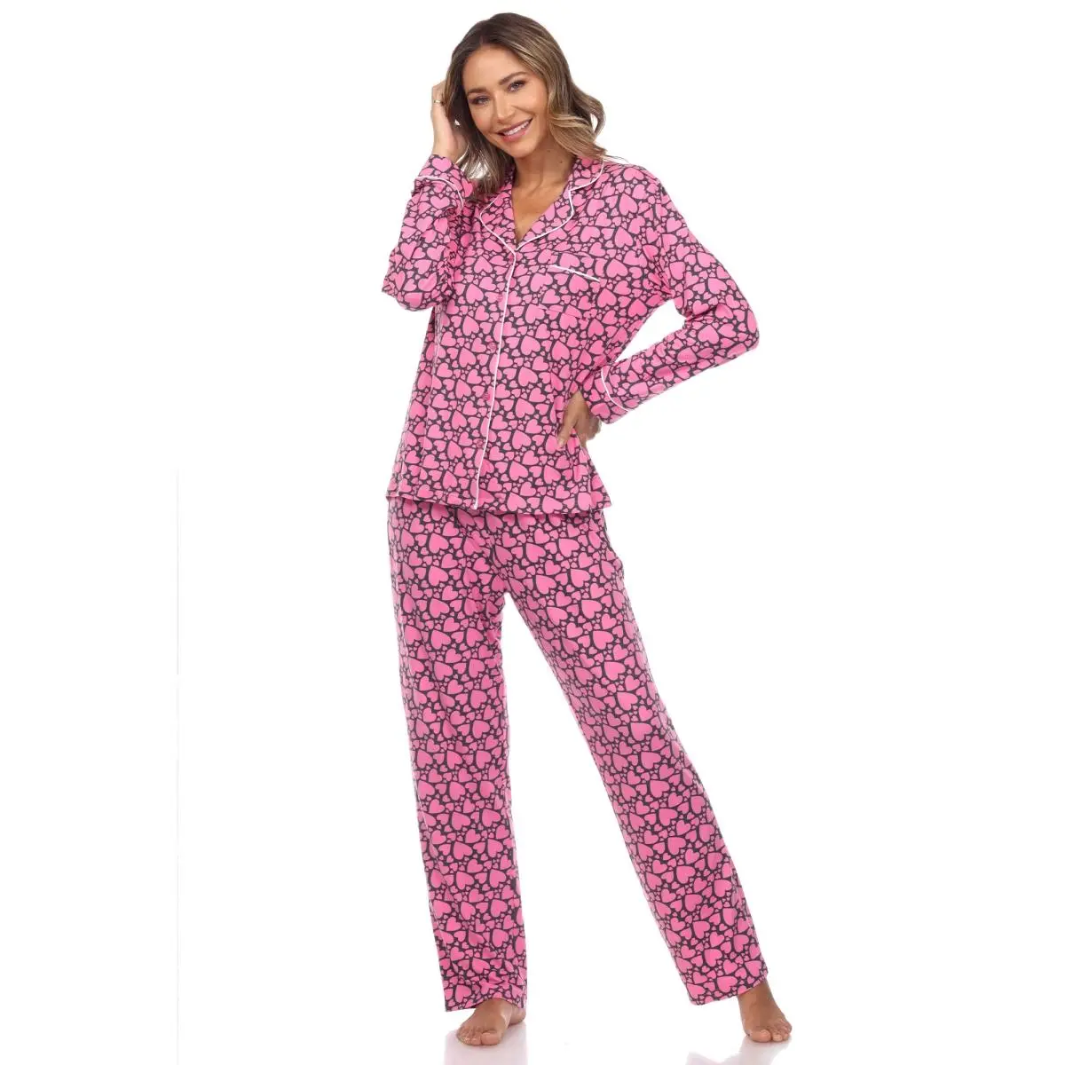 212 MAIN Women's 2-Piece Longsleeve Heart Print Pyjamas Set - Pink, Large, Lady's Cute Loungewear Top & Pants, Nightwear, Longsleeves