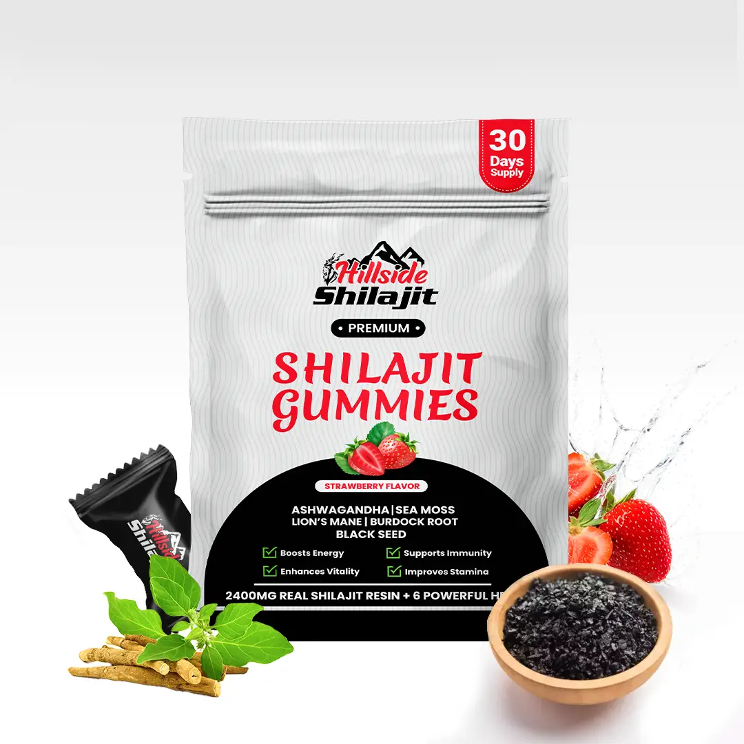 HILLSIDE SHILAJIT Shilajit Gummies for Women & Men Strawberry Flavor with Ashwagandha Burdock Roots 60 Vegan Gummies No Added Sugar 30 Days Supply Her
