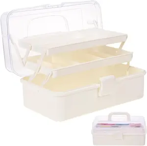 Plastic Tool Box with Handle 3-Layer Craft Organizers Tackle Box Multipurpose Portable Folding Toolbox for Sewing Supplies, Medicine, Art Supplies, Nails and Hair Accessories White 12.5inch