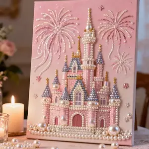 Fireworks Castle 5D Pearl Painting Set, DIY Craft Art Kit, Acrylic Round Hole Embroidery, Home Decor Holiday Gift Framed