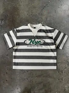 Unisex, streetwear-inspired, Vintage black and white striped short-sleeved T-shirt with “NYC” pattern print, perfect for casual wear, couples’ outfits, gifts for boyfriends, festivals, retro styles, parties