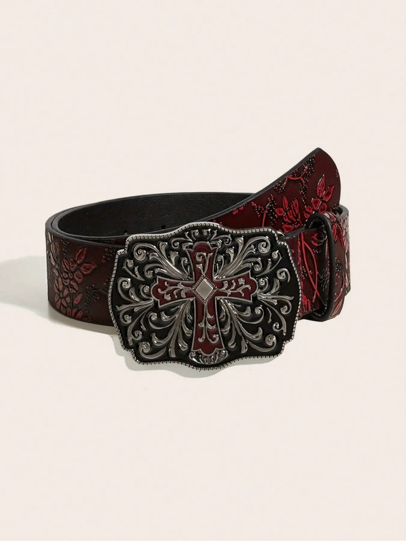 Men's Wine Medieval Gentry Texture Leather Belt, Bohemian Style Carved Cross Buckle, Casual Wear, Denim Party, Street Fashion Gift, Boho Style Belt, Belts Men, Belt With Buckle