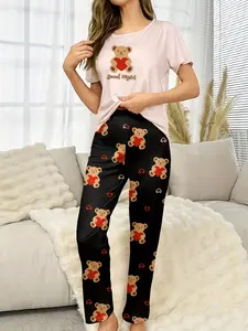 Bear Print Pajama Set, Round Neck Short Sleeve Top + Bear Long Pants, Soft Breathable Fabric, Cute Girl Style, Loungewear