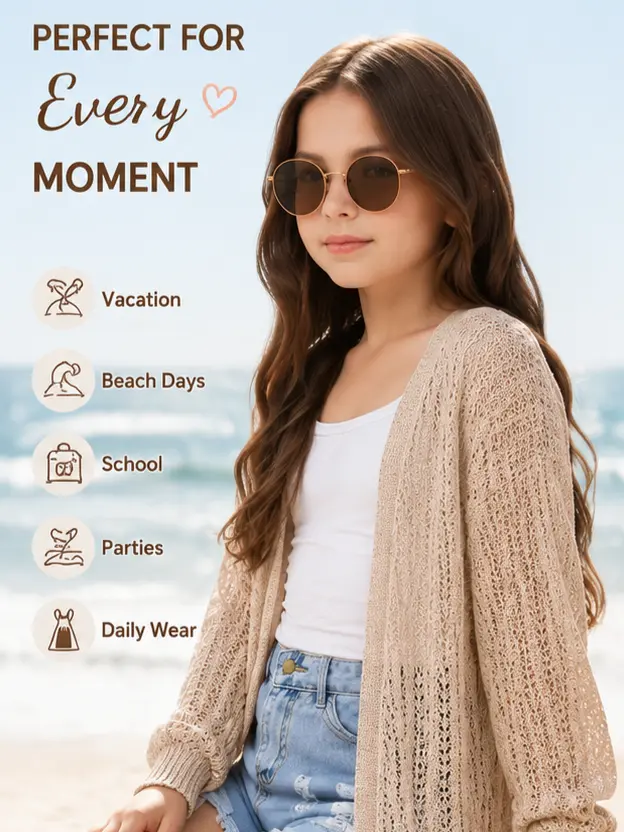 Yesfashion Girls' Knitted Cardigan Sweater - Chic Slouchy Open-Front Nylon Outerwear, Breathable 7-Gauge Pointelle Knit, Ultra-Soft Viscose Blend Long Sleeve Top, All Seasons Kids' Fashion Piece