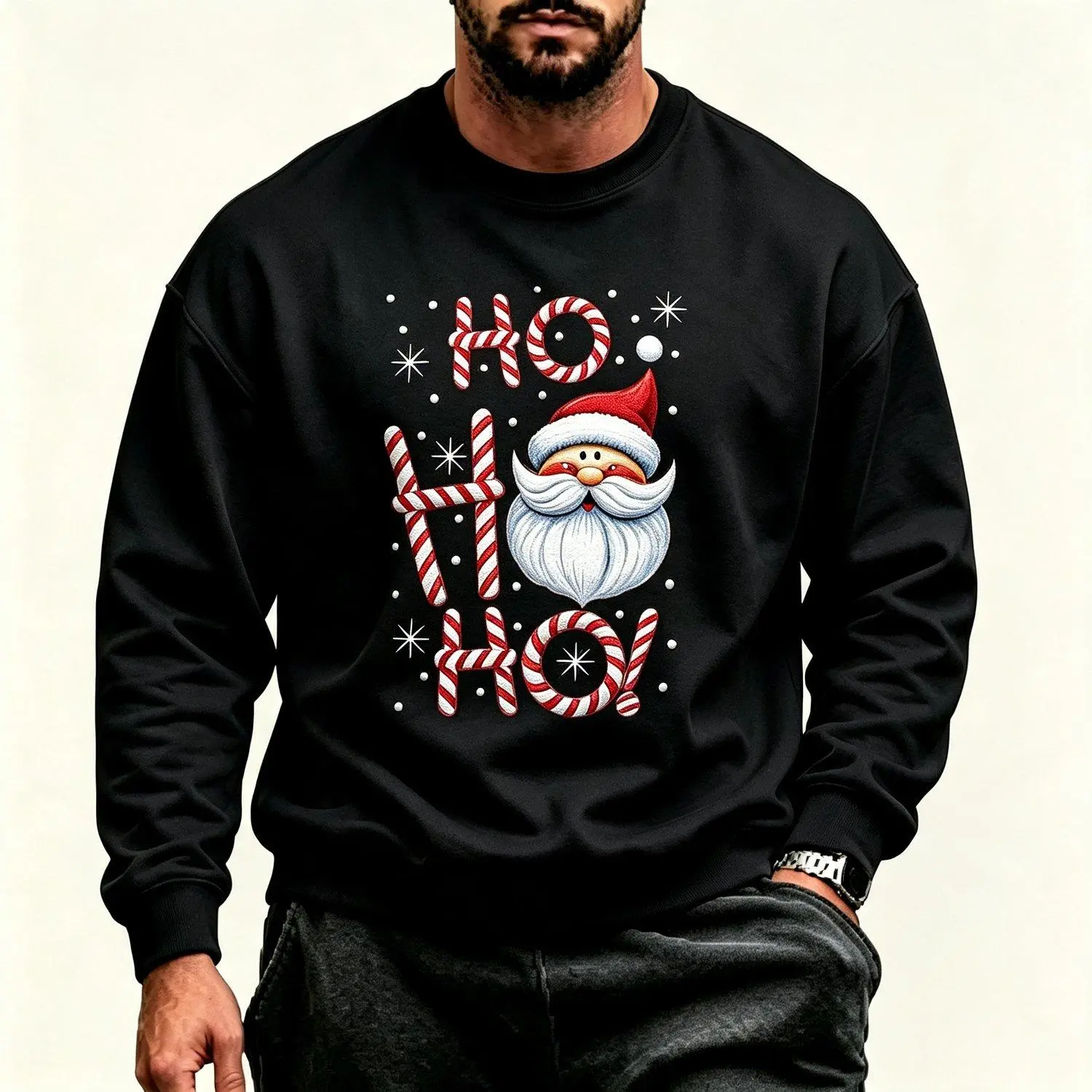 Men’s sports sweatshirt with “Ho Ho Ho” Christmas crewneck, candy cane letter graphic, cute Santa Claus and snowflake designs; festive winter holiday oversized pullover top