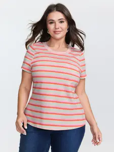 Women's BLOOMCHIC Plus Size Striped Stretchy Round Neck Regular Sleeve Casual T-Shirt - Soft Fabric Playful 2026 Summer Flat-Fit Pick for Mothers [M-6X] 2026 Summer Vibes Womenswear Top