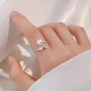 Women's Light Luxury Bowknot Pearl Ring, Open Band, Minimalist & Premium Index Finger Ring