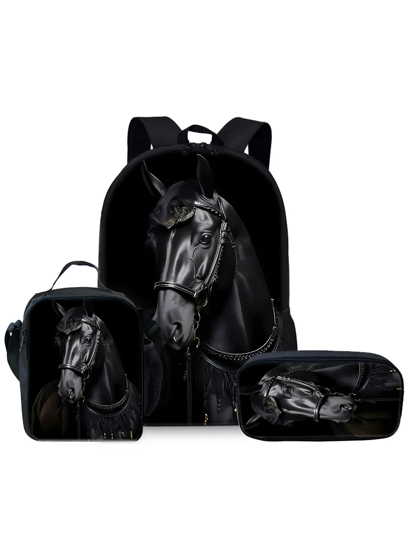 Mercedes-Benz Horse Pattern Printed 17-inch Backpack Three-piece Set (Single-layer Backpack + Shoulder Strap Lunch Bag + Single-layer Pencil Bag)