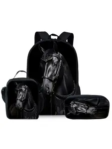 Mercedes-Benz Horse Pattern Printed 17-inch Backpack Three-piece Set (Single-layer Backpack + Shoulder Strap Lunch Bag + Single-layer Pencil Bag)