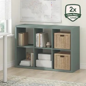 Sage Green 6-Cube Thick-Frame Modern Bookshelf - Reversible Open-Back Cubicle Bookcase, 14.6x43.8x30 in Book Rack with Bookshelf Accessory for Living Room, Home Office