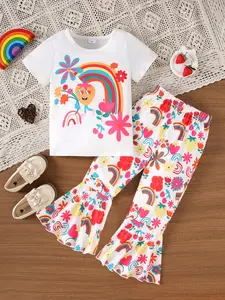 Girls' Breathable Two-Piece Summer Set, Toddler Daily Wear, Rainbow Strawberry Flower Print Short Sleeve T-Shirt & Bell Pants, Cute Cartoon Style, Floral Print Set, Matching Outfits Set