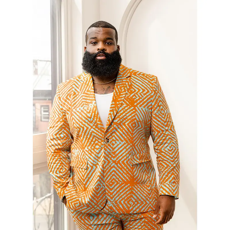Hami Men's African Print Lightweight Blazer (Orange Blue Adire)