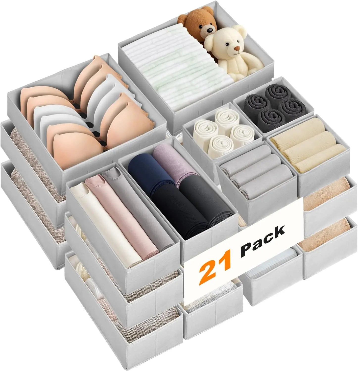 Drawer Organizer Clothes, 21 Pack Dresser Organizer for Baby Clothes, Underwear, Socks, 3 Sizes Foldable Closet Organization and Storage Bins for Nursery, Bedroom (Grey) Plastic