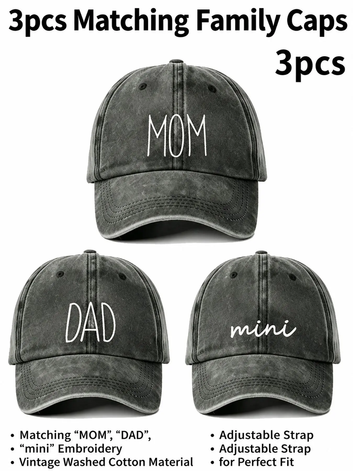 3 Pcs Embroidered Dad Mom Mini Family Matching Baseball Caps 