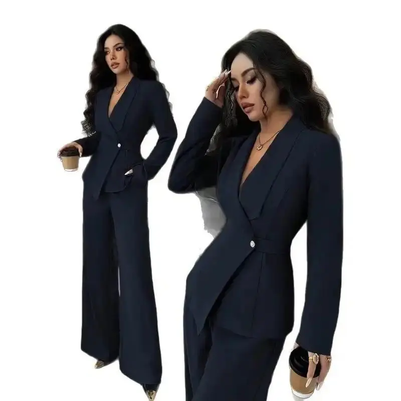 Women's 2026 Elegant 2-Pcs Set Lady Chic Fitted Long Sleeve V-Neck Blazer & Wide-Leg Trousers with Stitched Detail, Business-Casual Commuting Office Wear