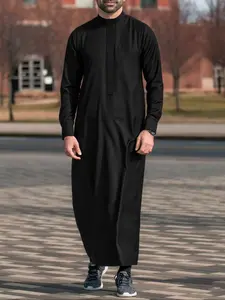 Muslim men's thobe long-sleeved stand-up collar plain loose Saudi men's traditional arabic robe modesty thobe casual maxi clothing suitable for daily outings holiday parties Ramadan gifts Islamic men's clothing