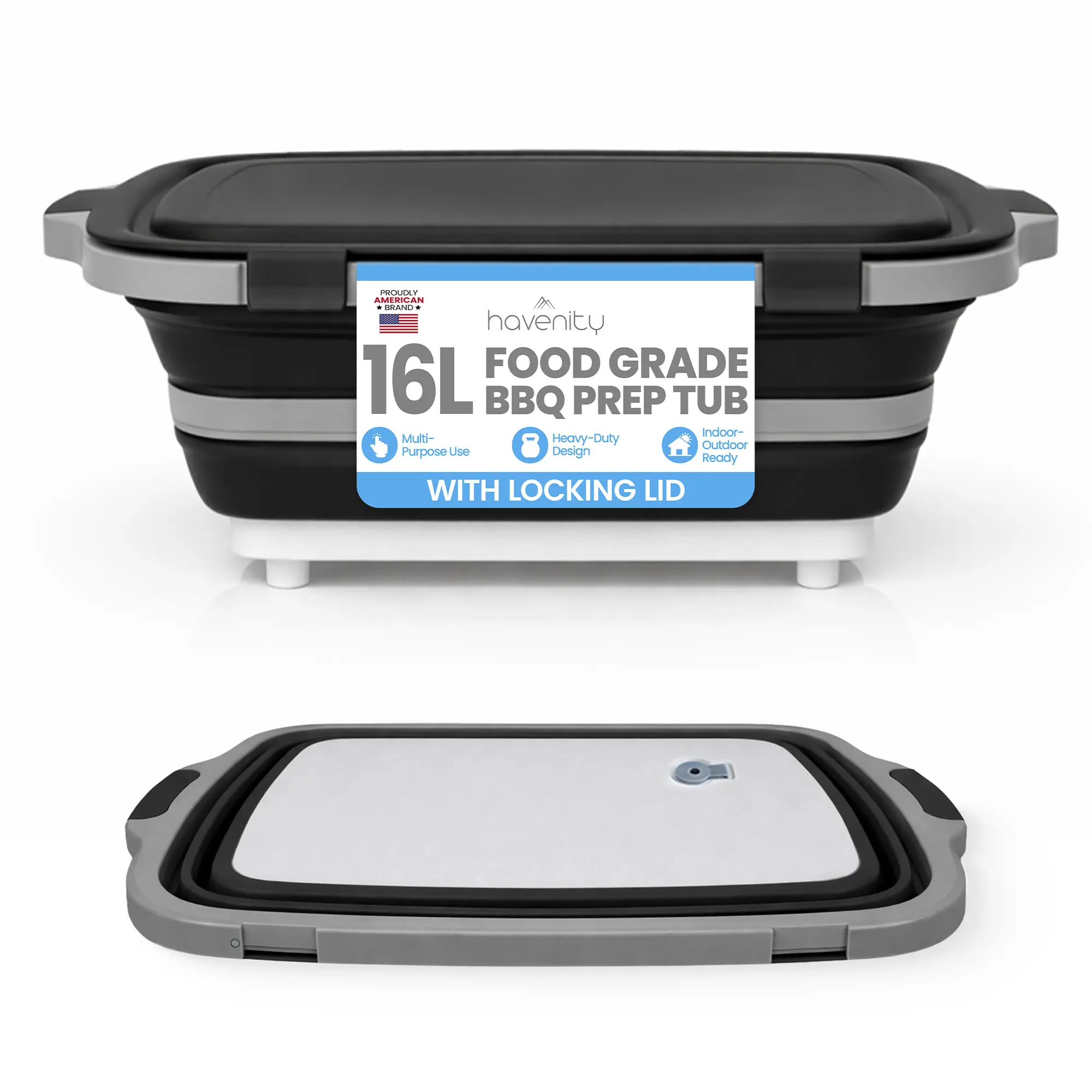 Havenity 16L XL BBQ Prep Tub - 3-in-1 Multifunctional Collapsible Kitchen Chopping Board with Upgraded Locking Airtight Food-Grade Hygienic Meat Storage Container for Meal Prep, Outdoor Cooking