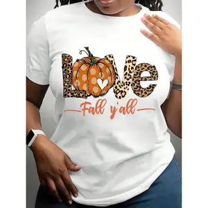 Women's Funny Thanksgiving  Graphic T-Shirt - White,Black Crew Neck Tee With Pumpkin & Autumn Leaves Design - Non-Stretch Casual Shirt For Thanksgiving, Halloween, Easter, Mother's Day Gifts - Machine Washable Everyday Top, Thanksgiving T Shirts