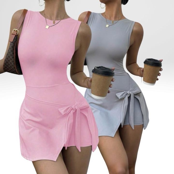 Cool summer style, figure-hugging and leg-slimming silhouette, secure coverage, strategically cut back with built-in non-slip lining, versatile office and gym dress, elegant sleeveless workout dress with back detail, retro summer 2-piece yoga set for wome
