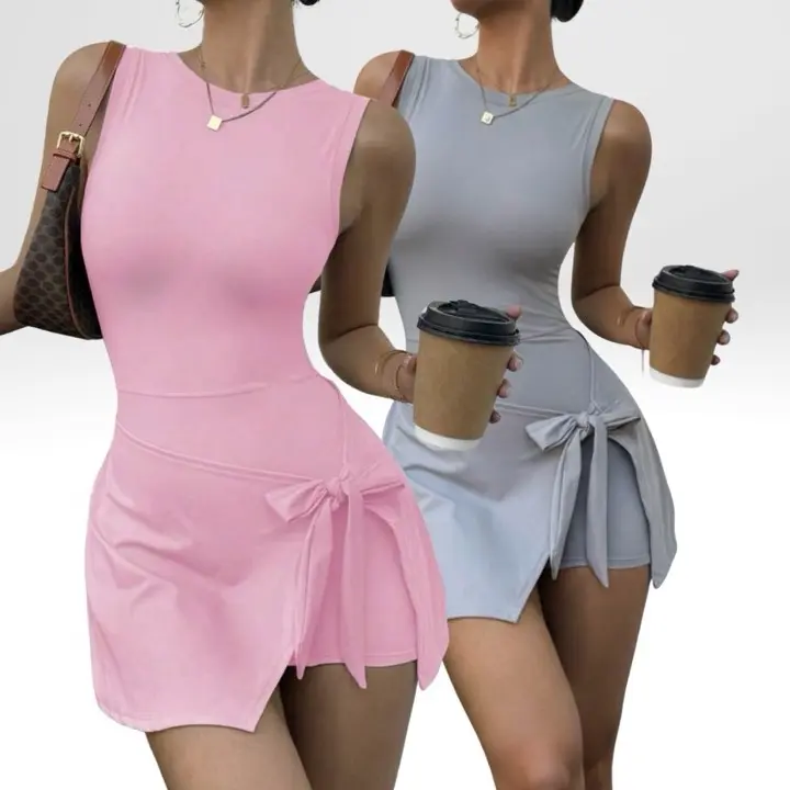 Cool summer style, figure-hugging and leg-slimming silhouette, secure coverage, strategically cut back with built-in non-slip lining, versatile office and gym dress, elegant sleeveless workout dress with back detail, retro summer 2-piece yoga set for wome