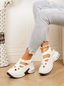 Fashionable air cushion casual sandals for women, Velcro platform sandals, hollowed out PU sports sandals, comfortable lightweight walking shoes, Comfy Sandals, Fashionable Breathable Sandals, Slides Sandals, suitable for holiday travel and daily wear