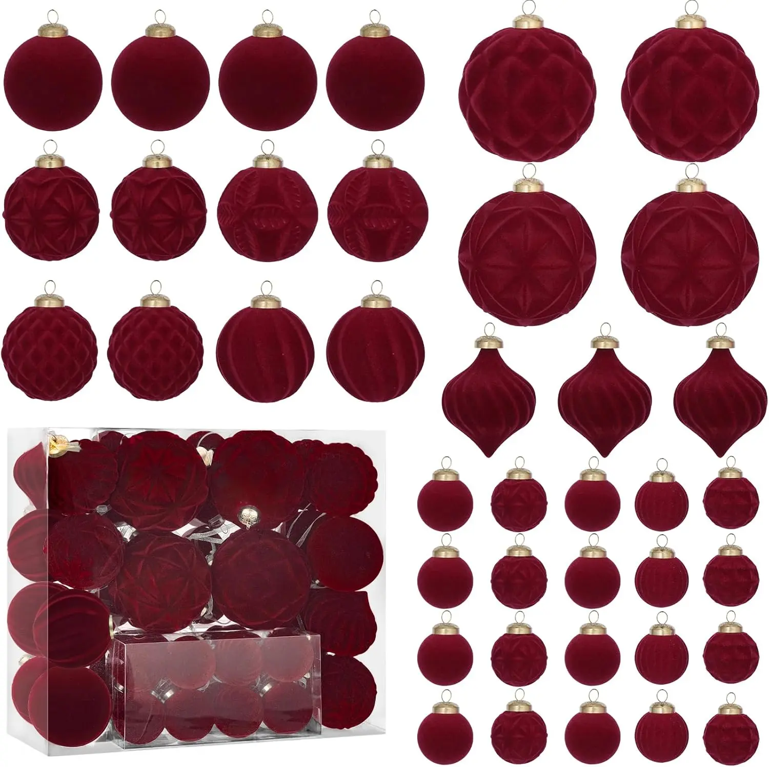 46PCS Velvet Christmas Ball Ornaments Set, Flocked Shatterproof Xmas Tree Decor, Assorted Hanging Ornaments with Loop for Holiday Home Decor, Christmas Tree, Mantel, Party Decoration