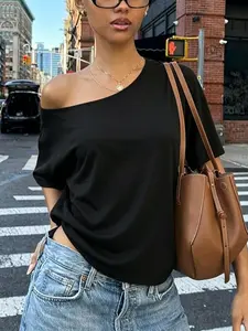 1 piece/2 piece set with multiple colors available! Slanted shoulder one shoulder loose short sleeved T-shirt, women's summer off shoulder design sense spicy girl top # spicy girl must-have
