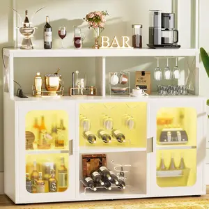 47" Wine Bar Cabinet Storage Buffet Cabinet with LED ＆ Outlets ＆ Glass Holder ＆ Racks Utensils