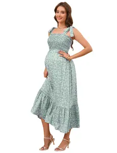Maternity Smocked Tiered Midi Dress | Tie Shoulder Floral Boho Pregnancy Sundress for Baby Shower, Multiple Colors