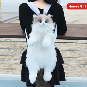 Monochrome Cat Backpack - Lifelike Stuffed Animal Bag for Women, Mini Ragdoll Cat, Handmade, Shaped Design fengshui ornament heal stone silk  flowers bouquet fake saving bank Handheld Wooden Encouragement Cross
