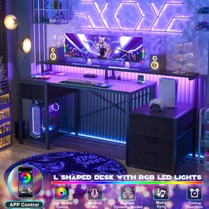 Cyclysio Computer Desk with 3 Drawers, Home Office Desk with File Drawer & Power Outlet, 59'' Gaming Desk with Led Lights, Long Work Desk with Storage Shelves, Printer Cabinet and Monitor Shelf, Black/White/Gray/Brown