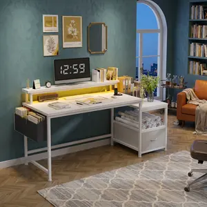 56.5 Inch Modern Computer Desk With File Drawers Cabinet Dual Monitor Stand Built-in Power Outlets USB Port Open Storage Shelves Spacious Printer Workstation Study Writing Gaming Table For Home Office Bedroom