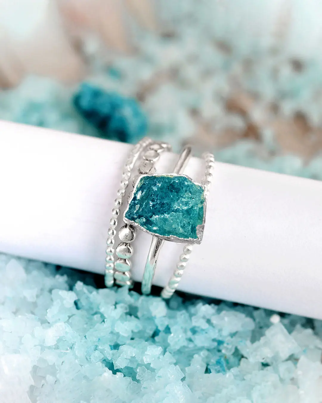 Raw Apatite Silver Stacking Ring Set Raw Apatite Silver Stacking Ring Set