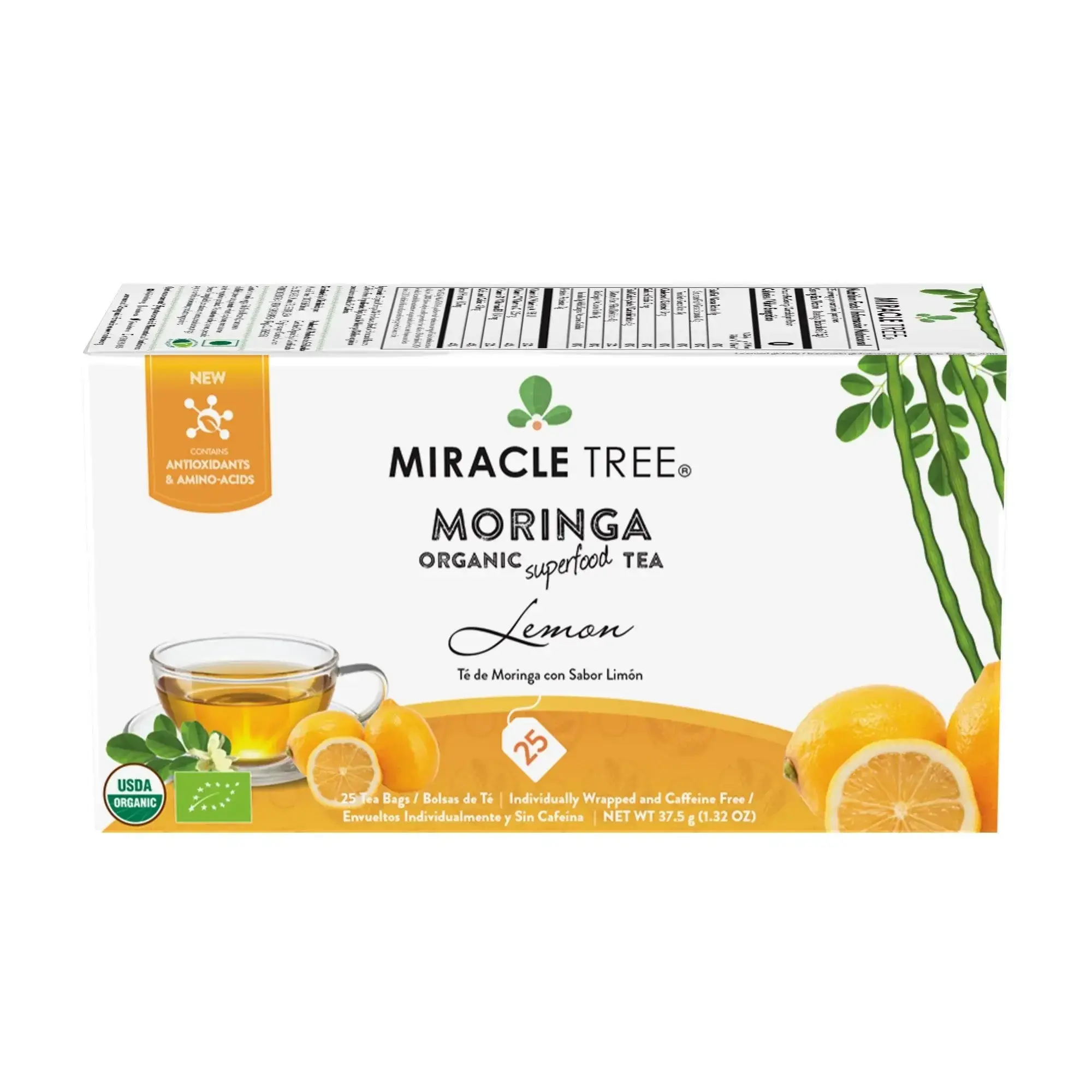 Miracle Tree Organic Moringa Tea Lemon Caffeine-Free Herbal Tea USDA Certified Natural Citrus Flavor Nutrient-Rich Vegan Gluten-Free