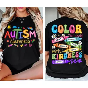 Autism Awareness 2-Sided Print T-Shirt, Special Education SPED Teacher Graphic Tee, Brushstroke Design Autism Shirt, ADHD and Neurodiversity Support Tee, Casual Cotton Short Sleeve, Everyday Wear, Gift for Moms, Teachers, or Loved Ones