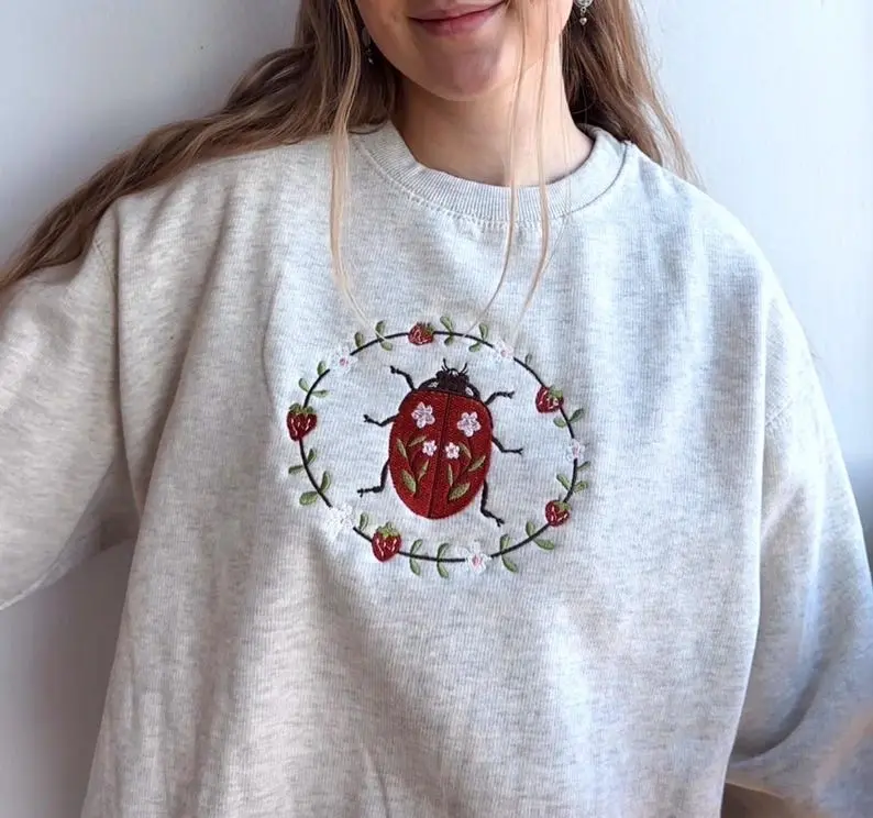 [Made In USA] Embroidered Strawberry Ladybug Women's Sweatshirt - Artisan Made Embroidered Crewneck