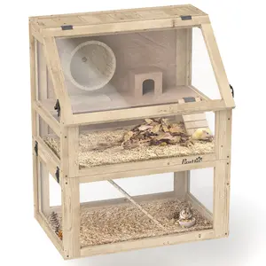 PawHut Wooden Hamster Cage, 3 Tier Small Animal Cage with Detachable 12.6" Deep Bottom, Hut, Seesaw, Exercise Wheel, Ramps, Hamster Habitat for Dwarf, Gerbil, 24" x 16" x 29.5"