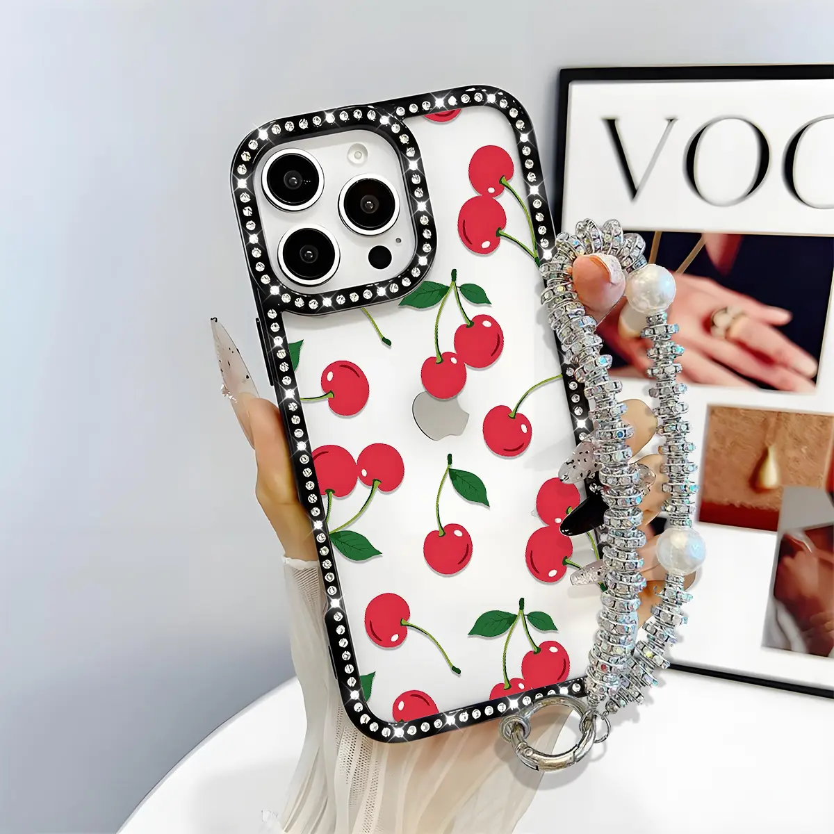 Red Cherry Design Acrylic Shockproof Phone Case - Bling Glitter, Sparkle Rhinestone Diamond, Airbag Anti-Fall Cover for iPhone 16 15 14 13 12 Pro Max Plus Girls, Accessories