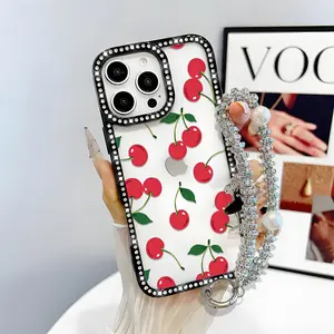 Red Cherry Design Bling Glitter Phone Case with Sparkle Rhinestone Diamond, Airbag Anti-Fall Crystal Cover for iPhone 16 15 14 13 12 Pro Max Plus Girl